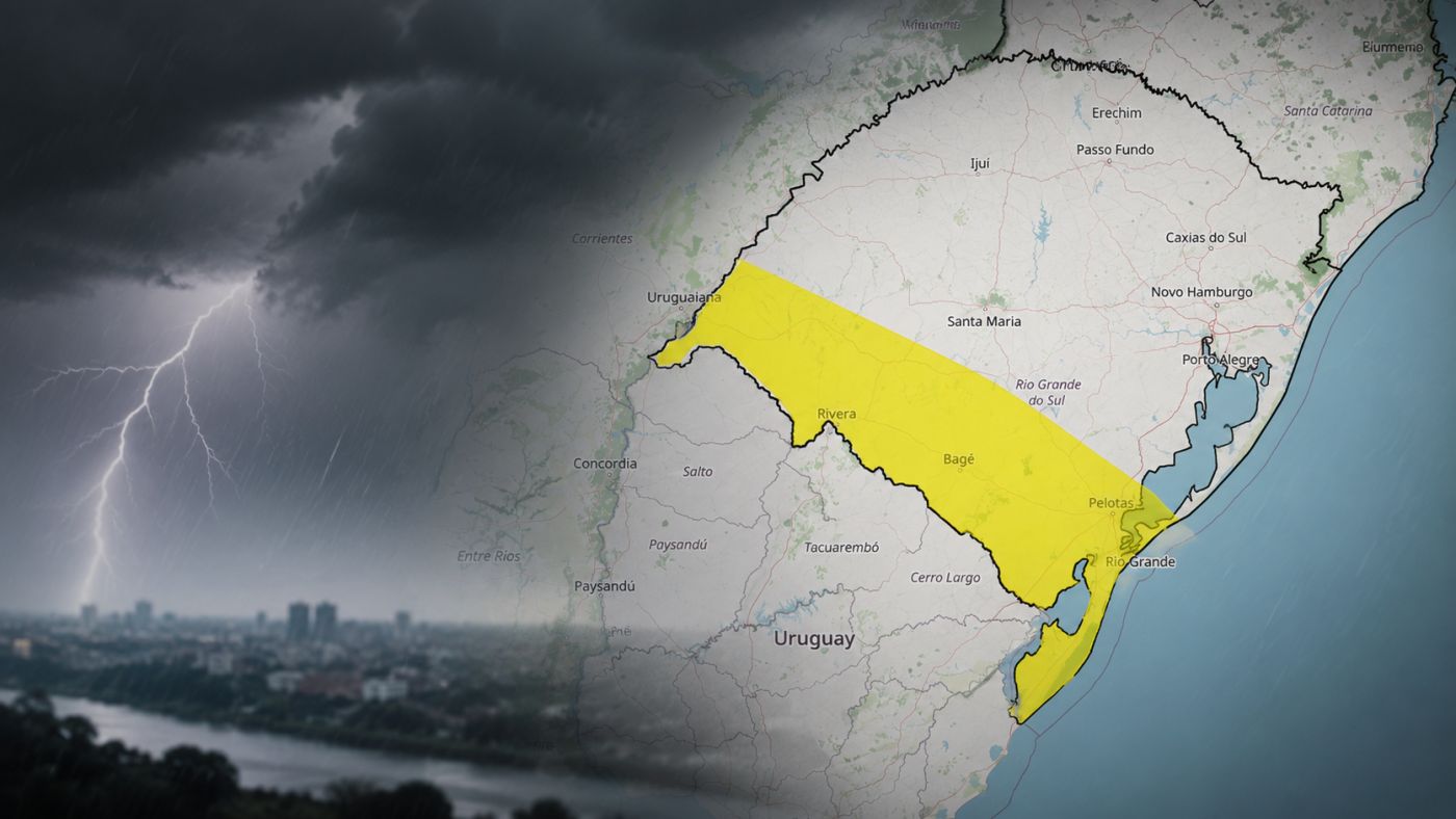 Mapa do INMET mostra as áreas do Rio Grande do Sul incluídas no alerta de tempestade. Foto: reprodução/INMET.