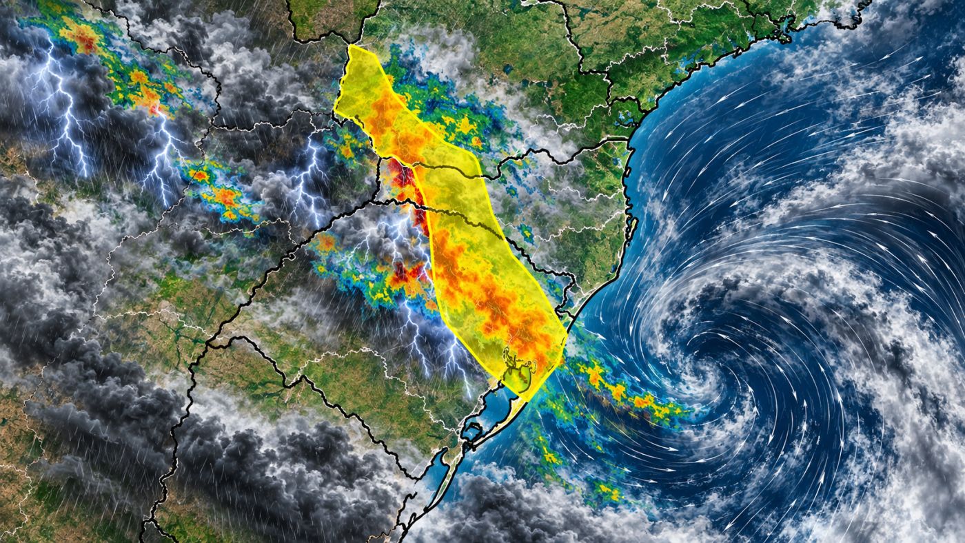 Alerta amarelo de tempestade prevê chuva, ventos de até 60 km/h e possibilidade de granizo em áreas do Sul nesta