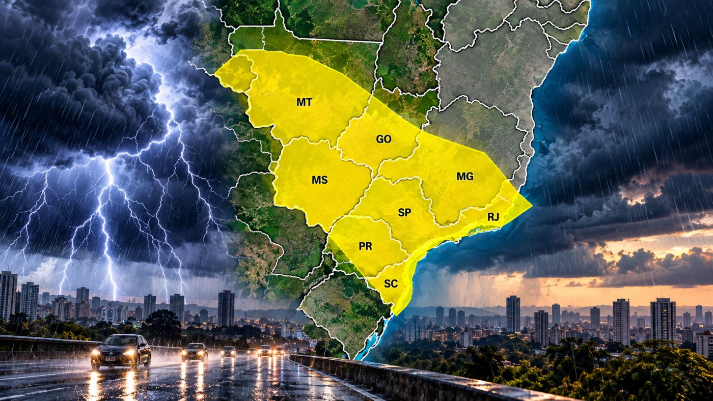 Alerta do INMET indica risco de tempestades, chuva intensa, ventos fortes e possibilidade de granizo em áreas de seis