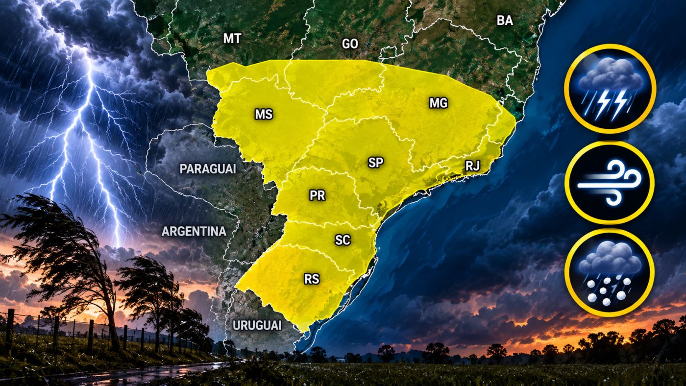 Alerta amarelo de tempestade atinge diversas regiões do Brasil nesta terça-feira (29). Imagem ilustrativa: ClickFato/IA.