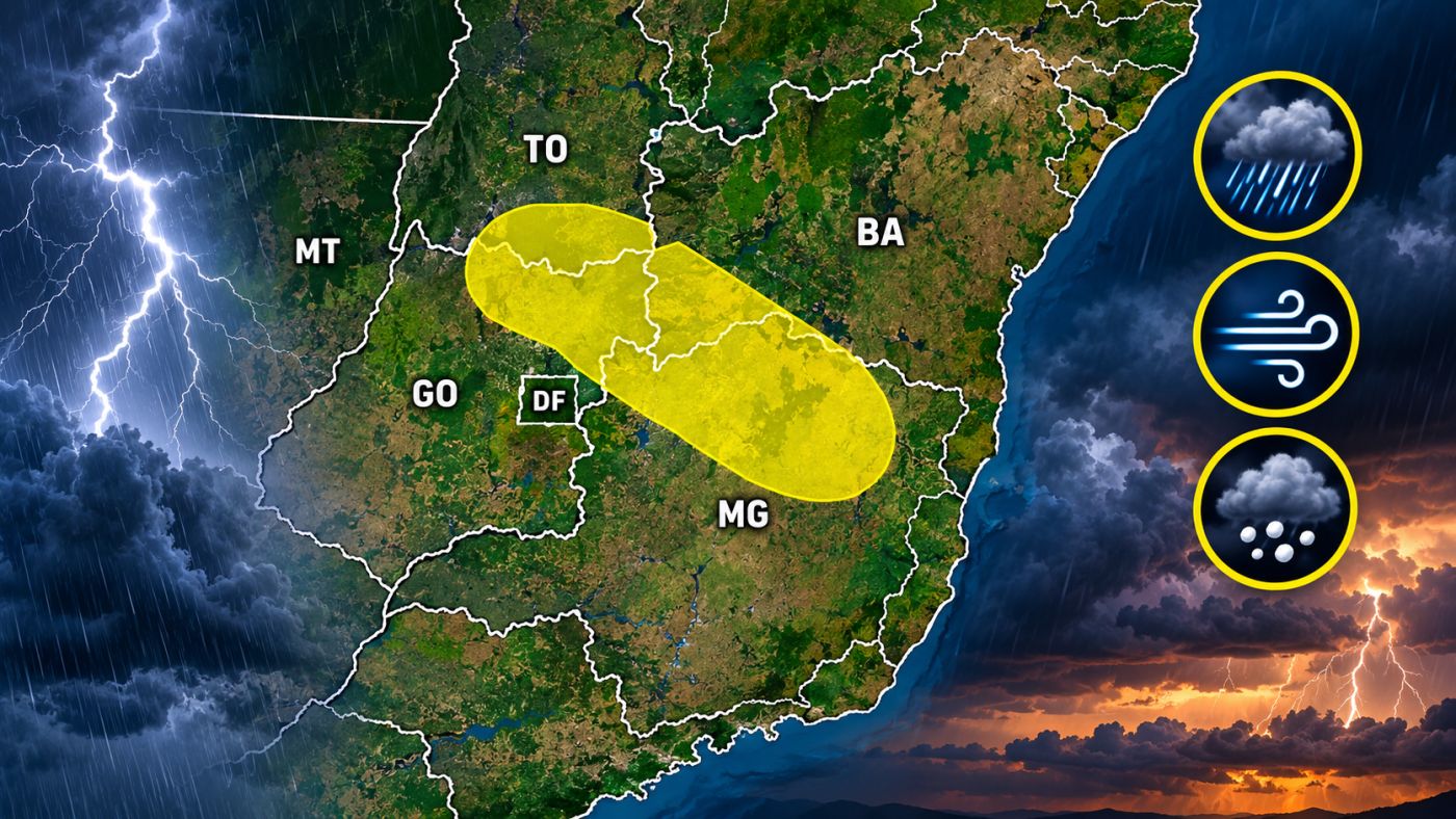 Alerta de tempestade em áreas de GO, MG, TO e BA. Imagem ilustrativa: ClickFato/IA.