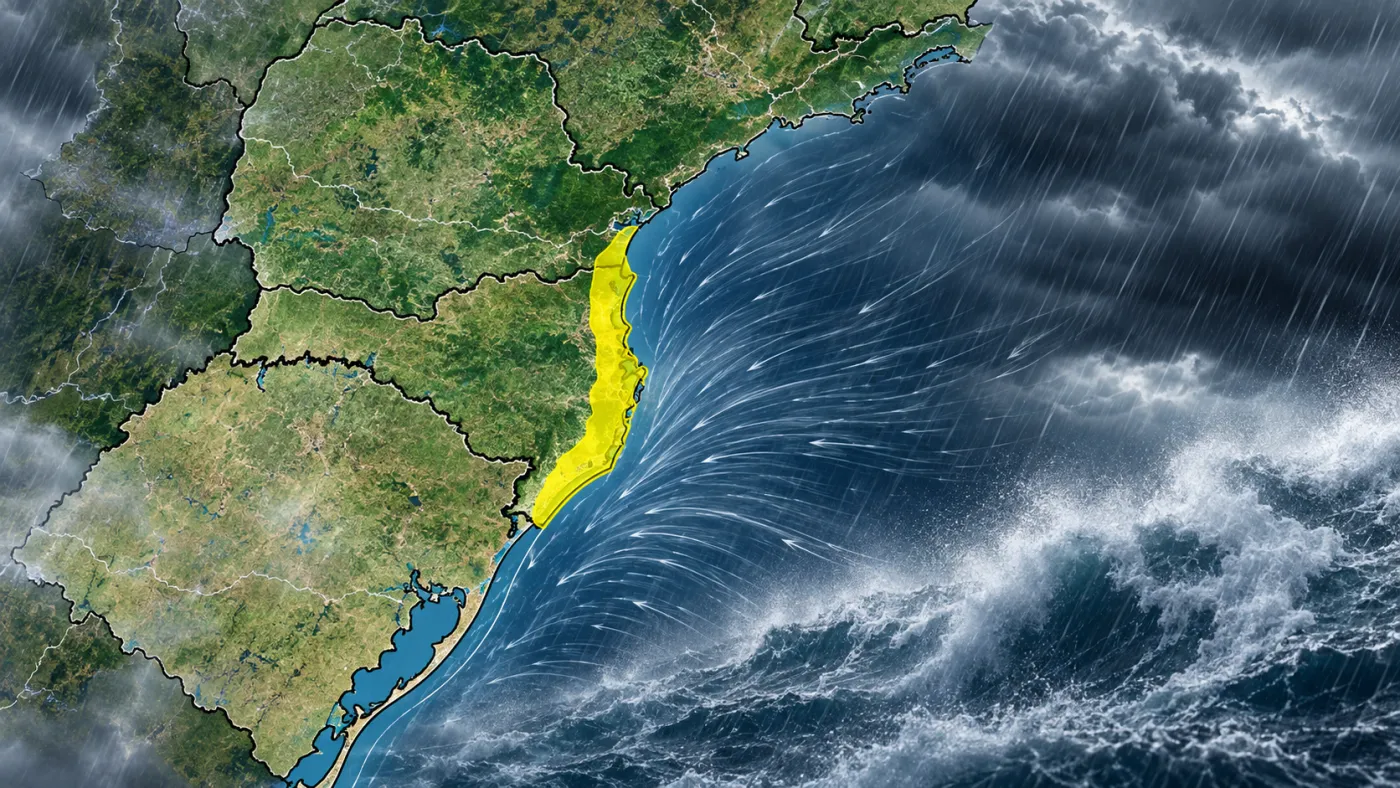 INMET emite alerta de perigo potencial para ventos costeiros neste sábado (12), com áreas de Santa Catarina, Paraná e Rio Grande do Sul sob atenção.