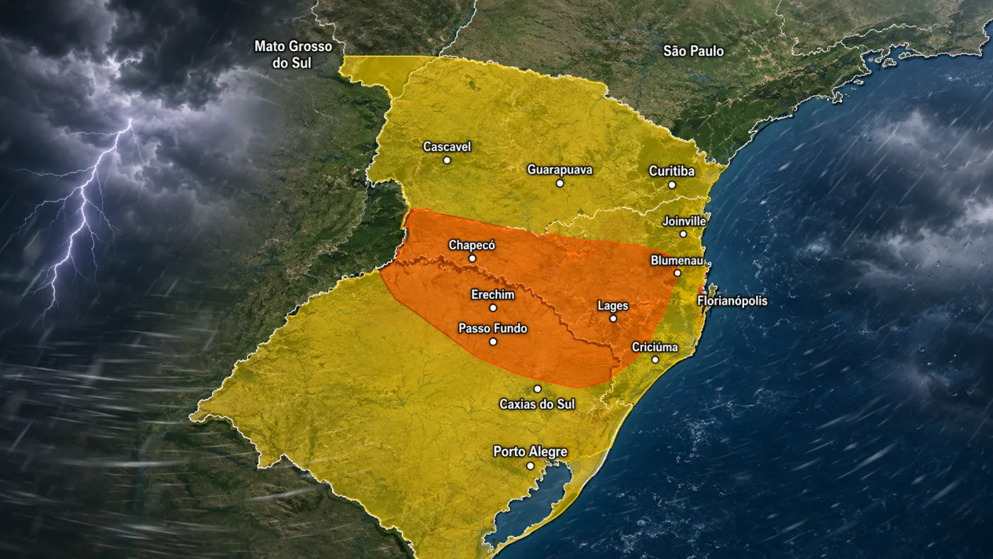 Alerta laranja do INMET indica risco de tempestades fortes neste sábado em áreas de Santa Catarina, Rio Grande do Sul e Paraná; aviso amarelo amplia a atenção para outras regiões até o dia 31.