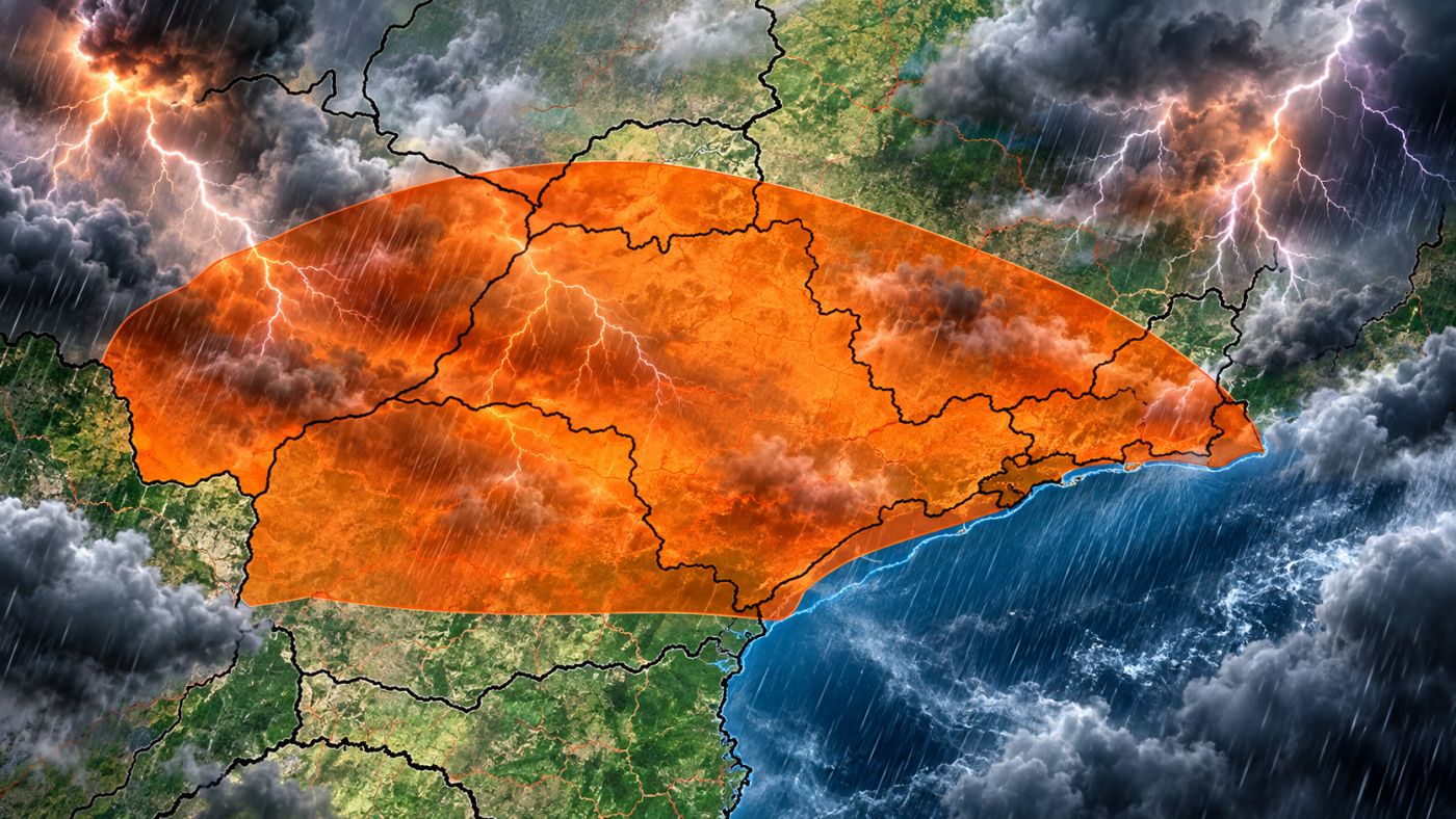 Alerta do INMET indica risco de tempestades, chuva intensa, ventos fortes e possibilidade de granizo em áreas do Sul,