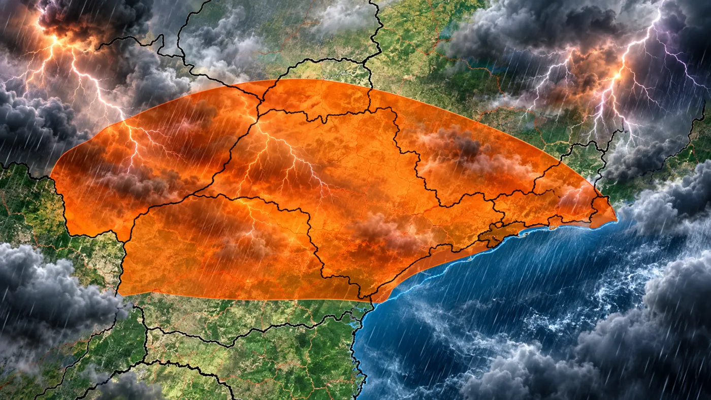 Alerta do INMET indica risco de tempestades, chuva intensa, ventos fortes e possibilidade de granizo em áreas do Sul, Sudeste e Centro-Oeste neste domingo (11). Imagem: Ilustração/ClickFato.