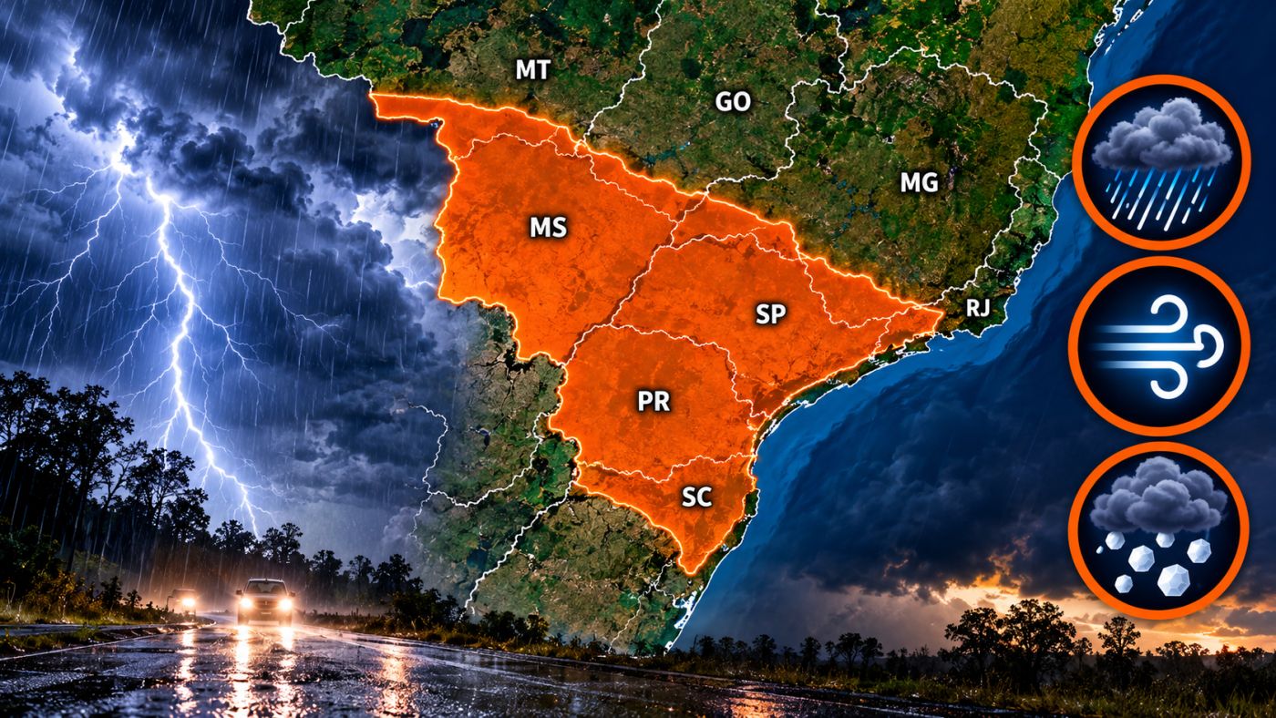 Alerta laranja de tempestade prevê chuva forte, ventos intensos e risco de granizo nesta quarta-feira (30). Imagem