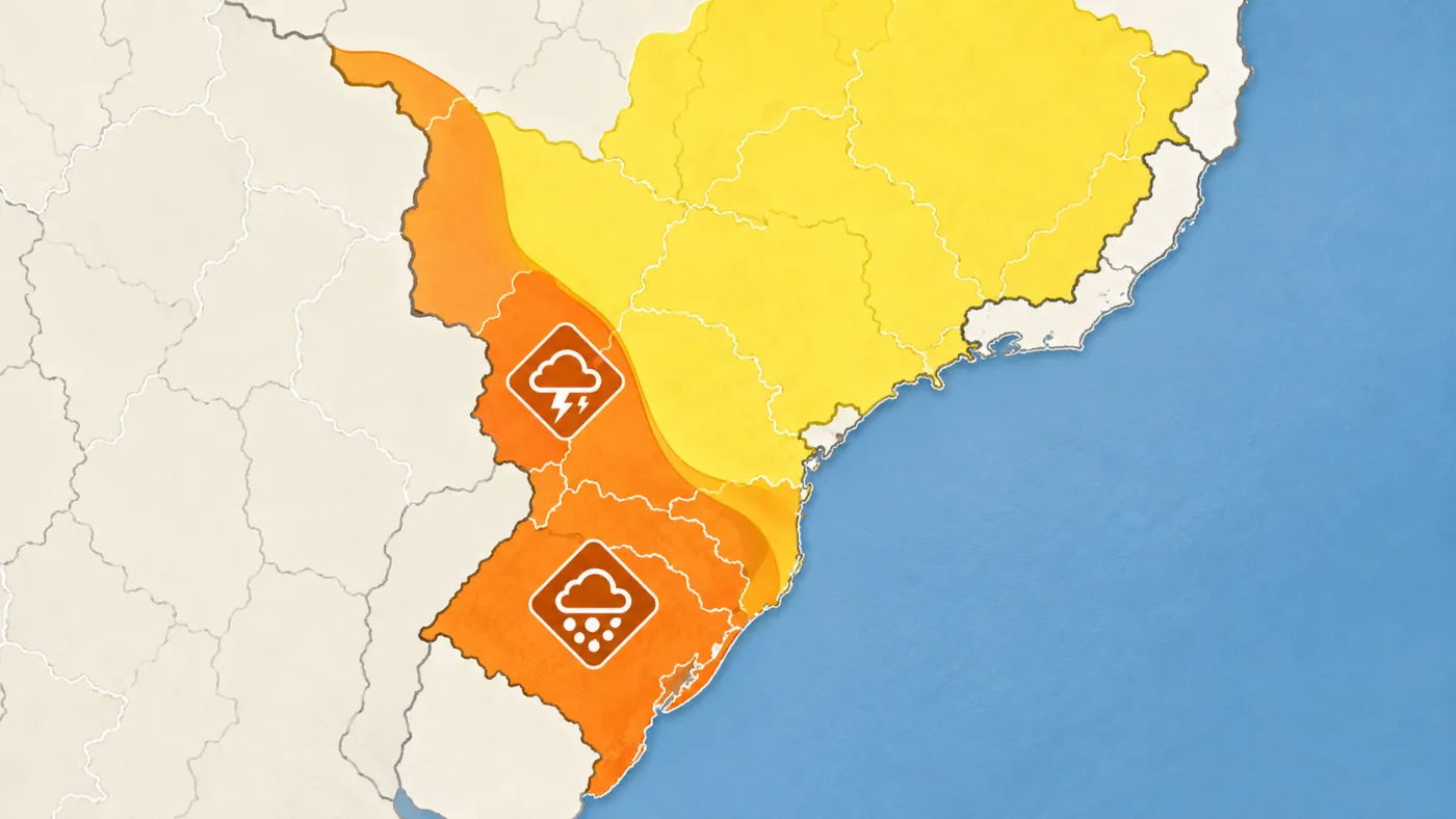 Alerta laranja do Inmet prevê chuva intensa, ventos de até 100 km/h e granizo no Rio Grande do Sul.