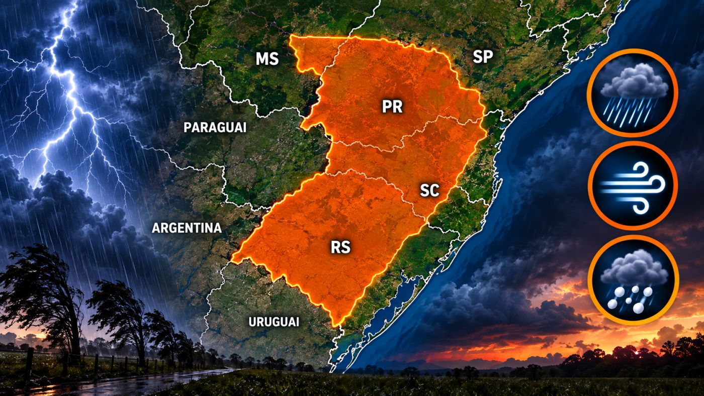 Alerta laranja de tempestade atinge áreas do Sul do Brasil nesta terça-feira (29). Imagem ilustrativa: ClickFato/IA.