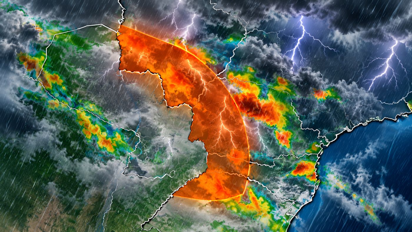 Imagem ilustrativa destaca área sob alerta para tempestades, com previsão de chuva intensa, raios e rajadas de vento.