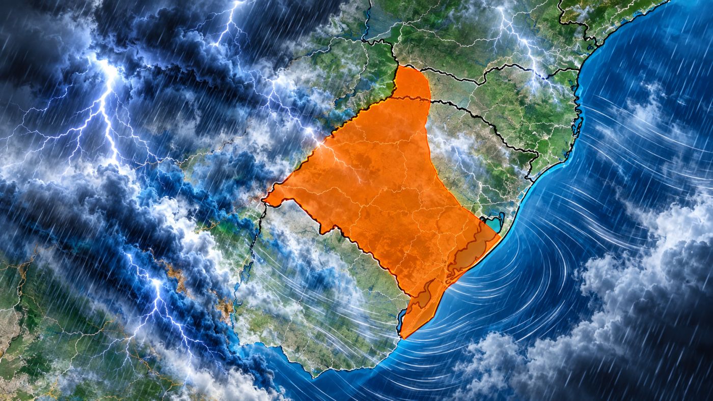 Alerta laranja de tempestade prevê chuva intensa, ventos de até 100 km/h e possibilidade de granizo no Sul nesta