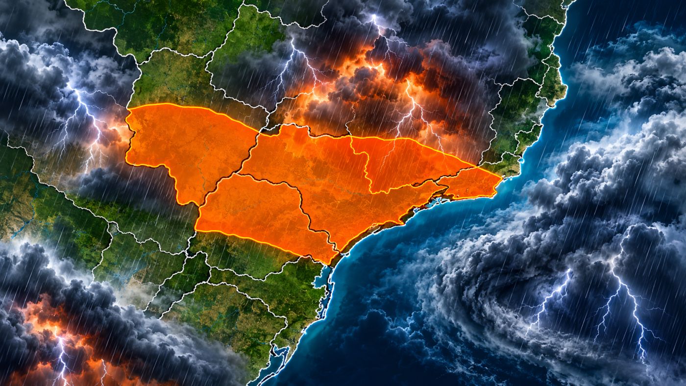 Alerta laranja do INMET indica risco de tempestades neste domingo (25), com chuva de até 100 mm, ventos de até 100 km/h e