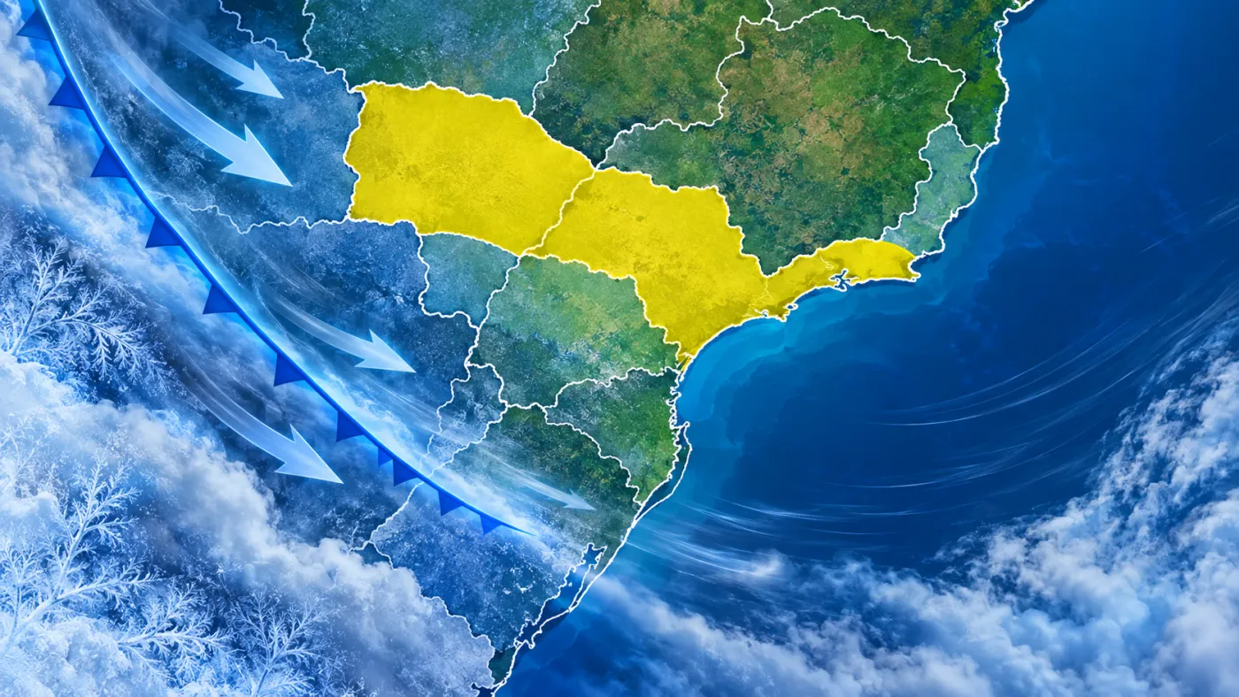 Alerta do INMET prevê queda de até 5°C em cinco estados. Arte: ClickFato/INMET.