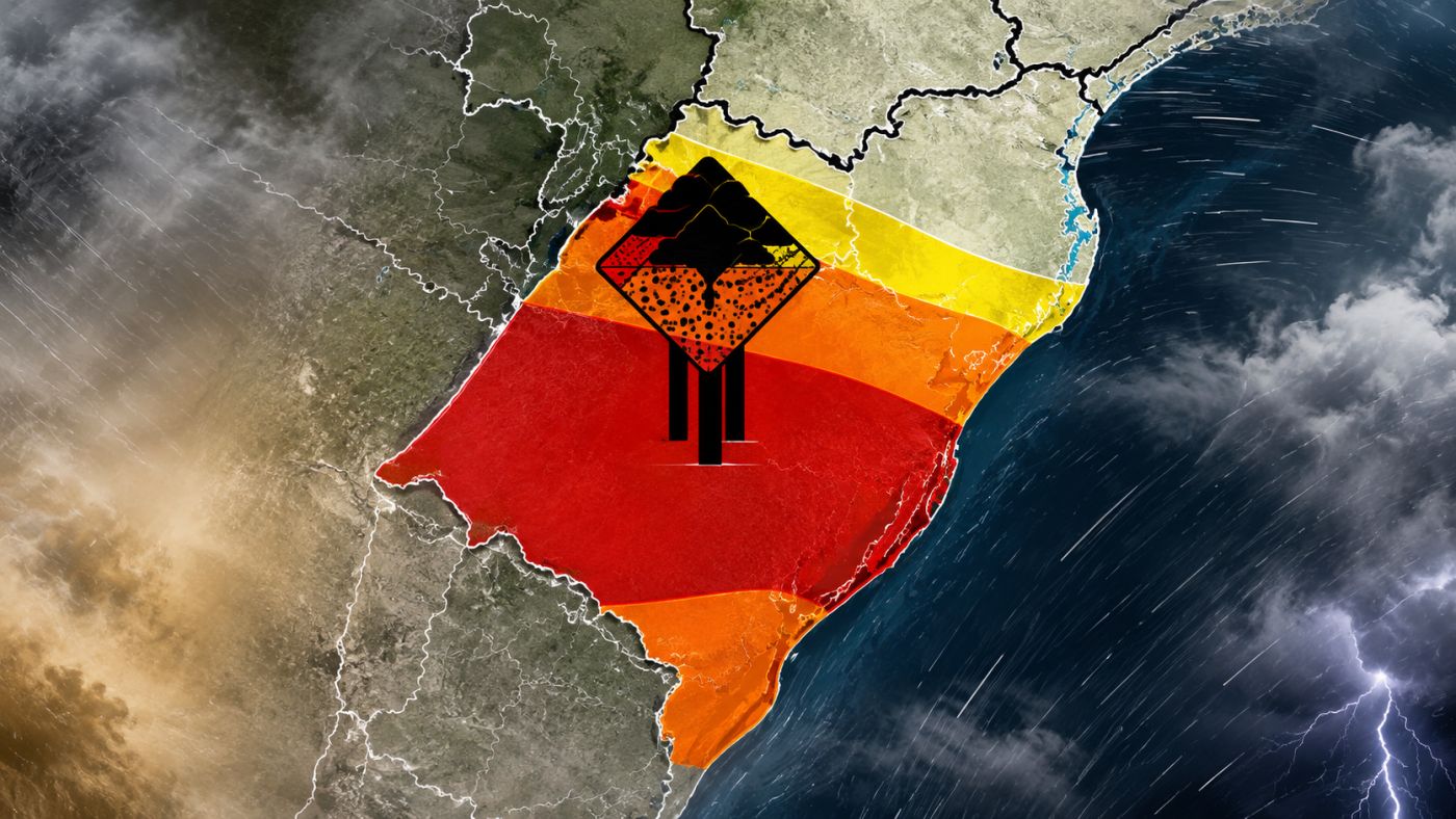 Mapa destaca áreas do Sul sob alerta para chuva forte, granizo e ventania.