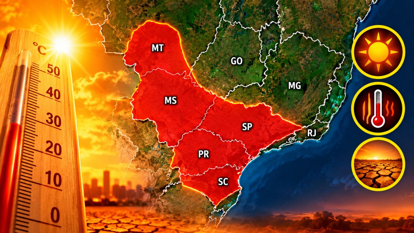 Alerta vermelho de onda de calor atinge várias regiões do Brasil. Imagem ilustrativa: ClickFato/IA.