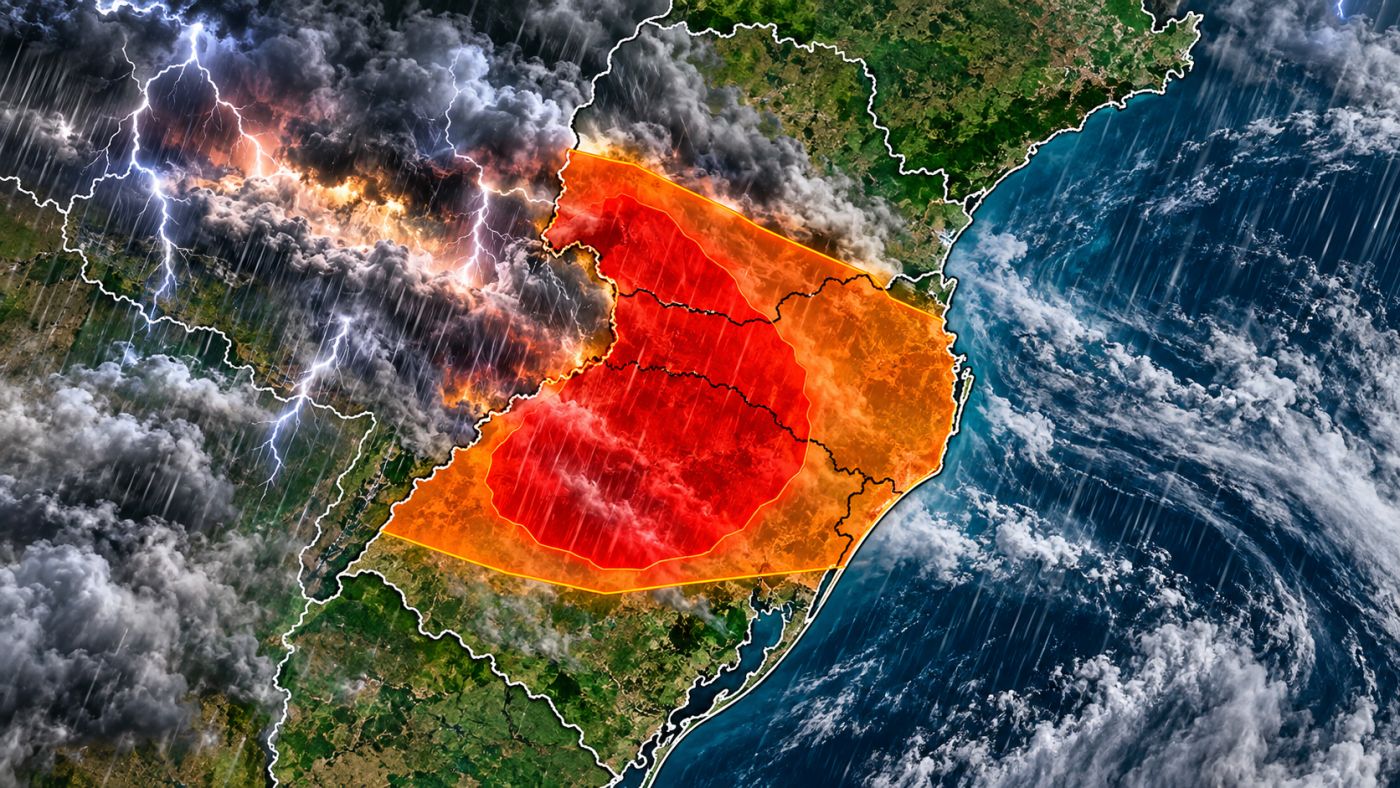 Imagem ilustrativa das áreas com risco de tempestades no Sul do Brasil.