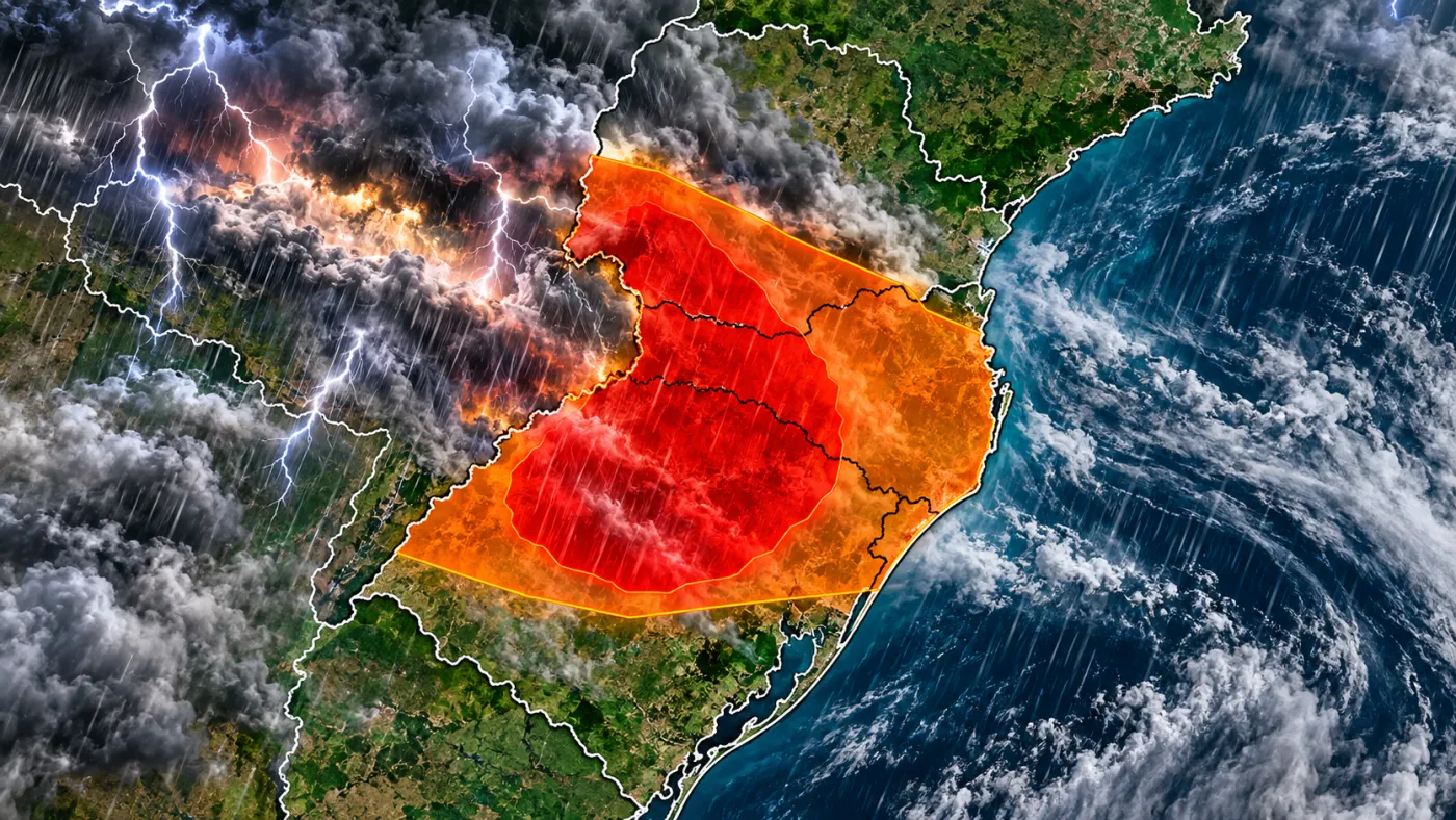 Imagem ilustrativa das áreas com risco de tempestades no Sul do Brasil.