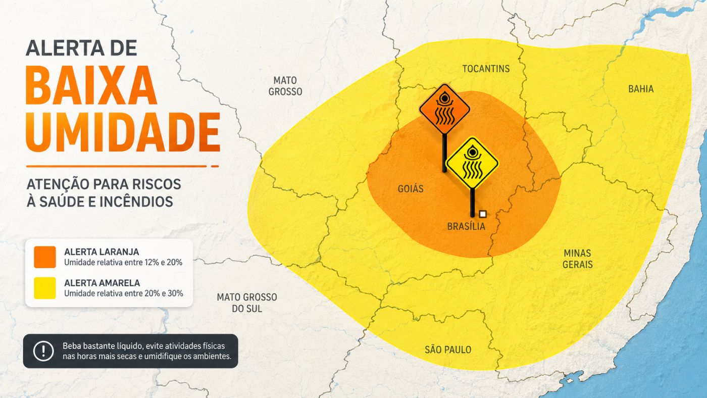 Alertas do INMET indicam baixa umidade do ar em áreas de várias regiões do país nesta segunda-feira.