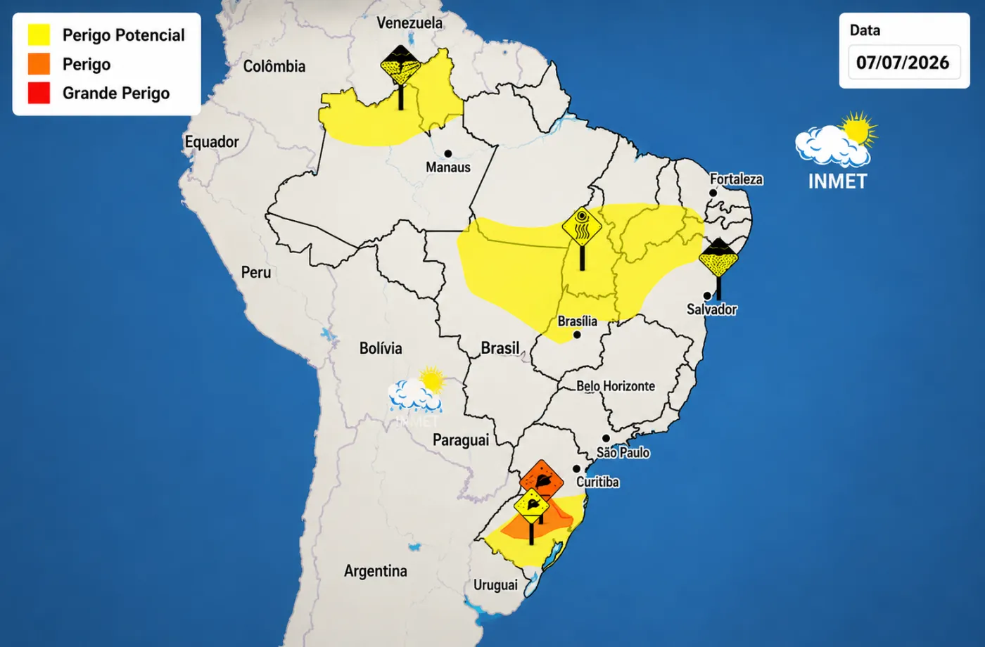 Inmet emitiu alertas para chuva intensa, geada, acumulado de chuva e baixa umidade — Foto: Reprodução/Inmet