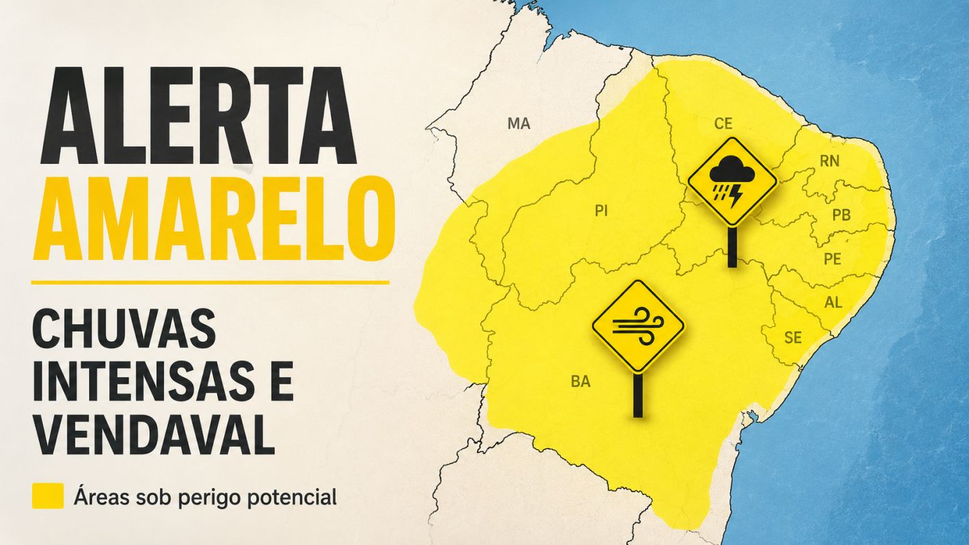 Alertas do INMET colocam áreas do Nordeste sob perigo potencial para chuvas intensas e vendaval.