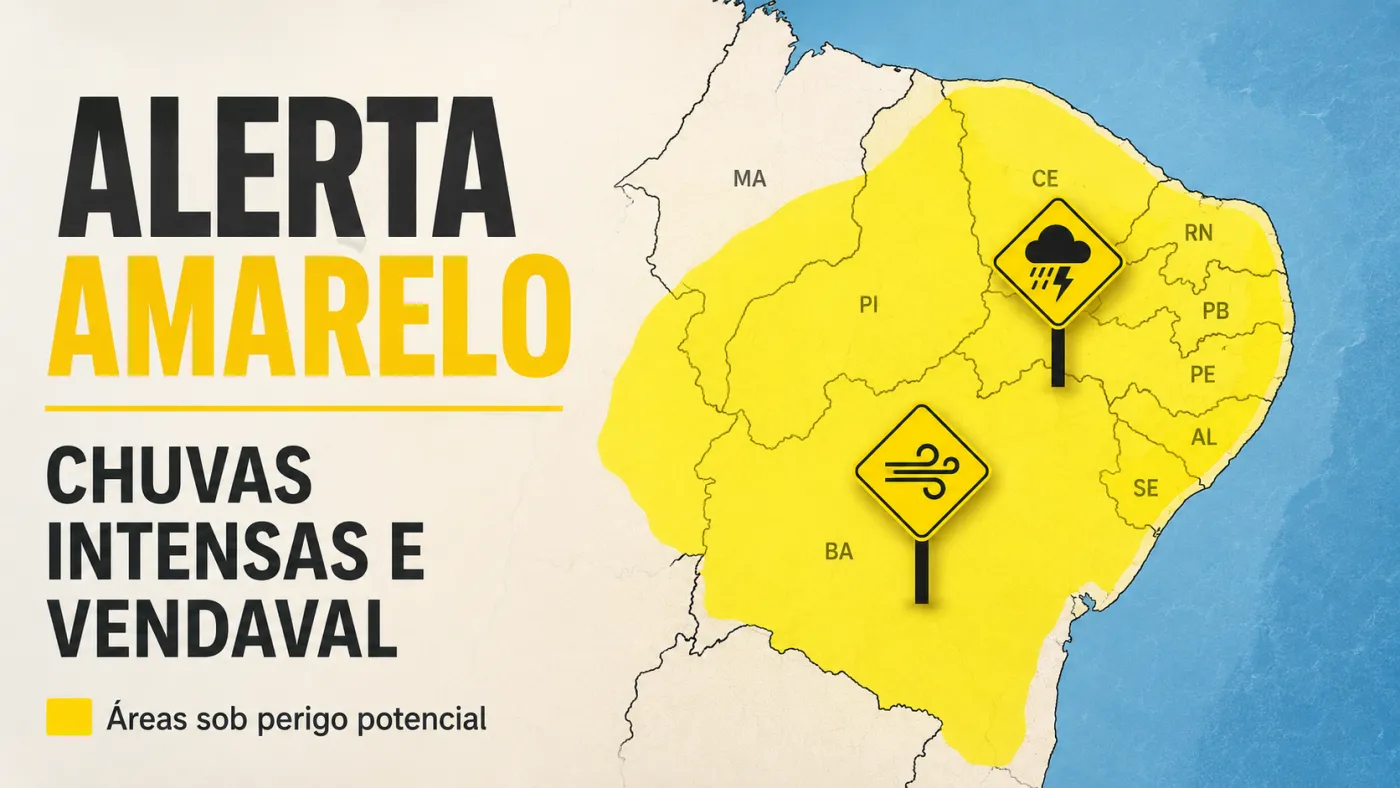 Alertas do INMET colocam áreas do Nordeste sob perigo potencial para chuvas intensas e vendaval.