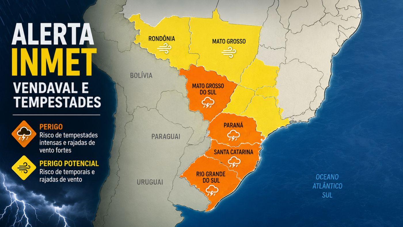 Alertas do INMET indicam risco de vendaval, tempestades, granizo e ventos de até 100 km/h em diversas regiões do país.