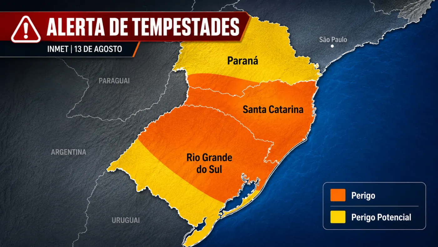 Mapa mostra áreas sob alerta de tempestade no Sul do Brasil. Foto: Reprodução