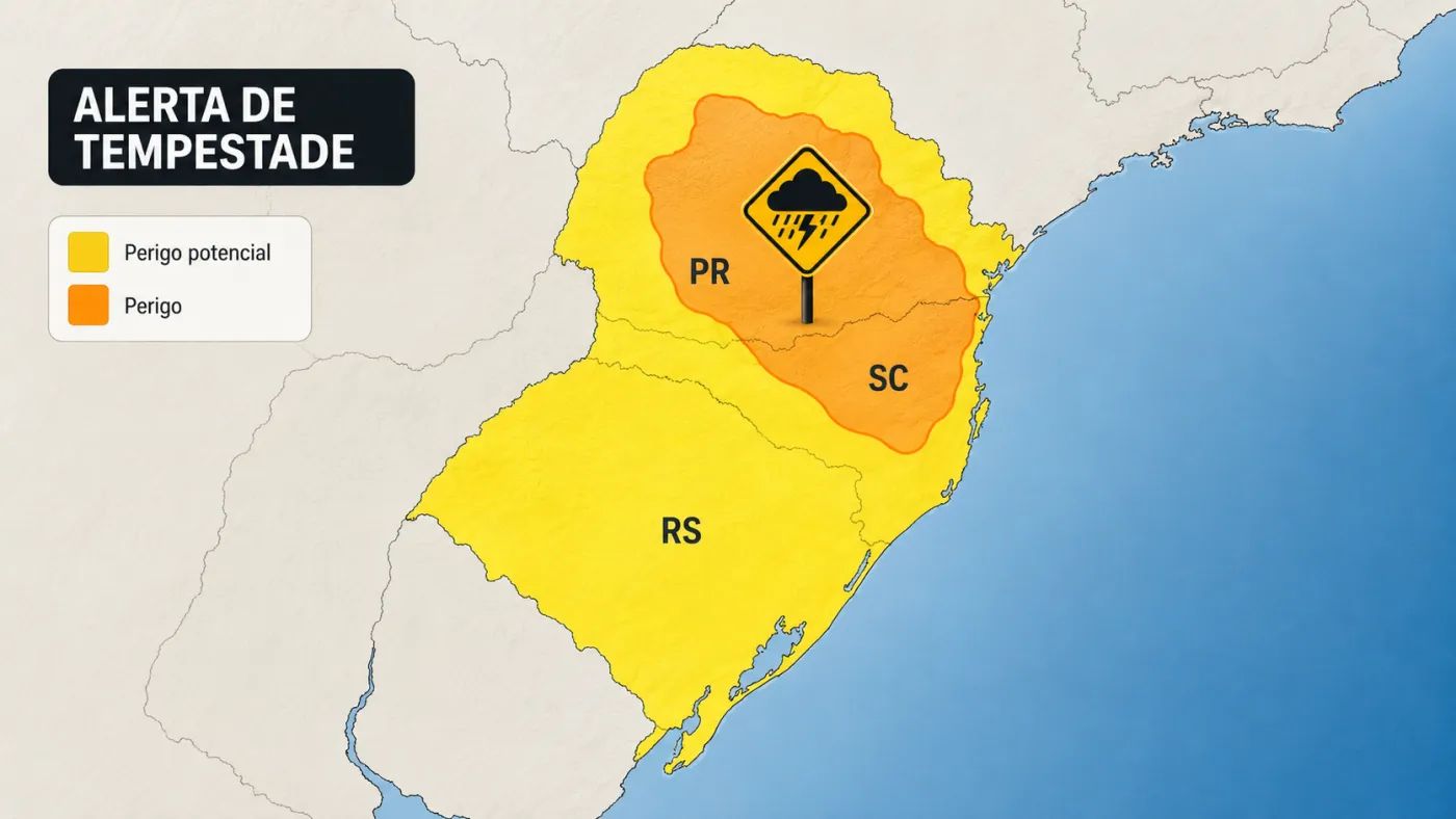 Mapa mostra áreas do Sul do Brasil abrangidas pelos alertas de tempestade emitidos pelo INMET. Foto: Reprodução/INMET.