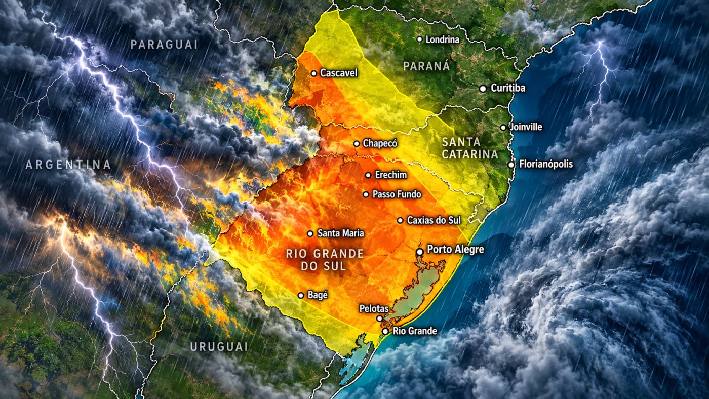 INMET alerta para tempestades, ventos fortes e possibilidade de granizo neste sábado (3) em áreas do Paraná, Santa Catarina