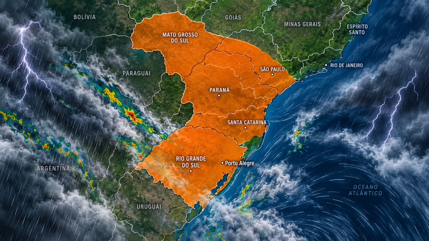 INMET emite alertas laranja de tempestade para áreas do Sul, Sudeste e Centro-Oeste, com previsão de chuva intensa, ventos