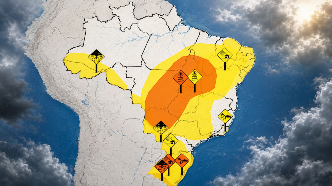 Mapa do INMET mostra alertas simultâneos para tempestades, baixa umidade e ventos em várias regiões do Brasil. Foto: