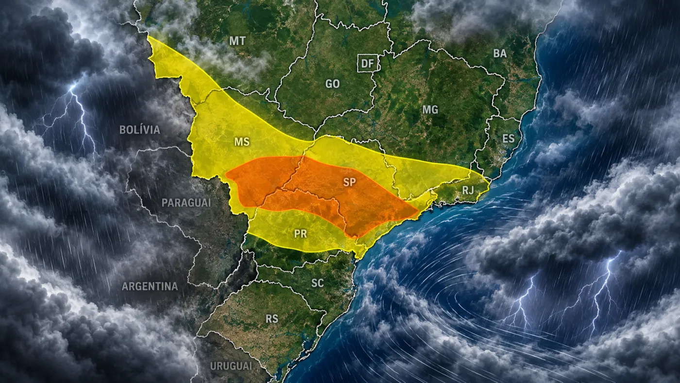INMET mantém alertas de perigo e perigo potencial para tempestades neste sábado (12), com previsão de chuva forte, rajadas de vento e possibilidade de granizo em áreas do Centro-Sul do Brasil.