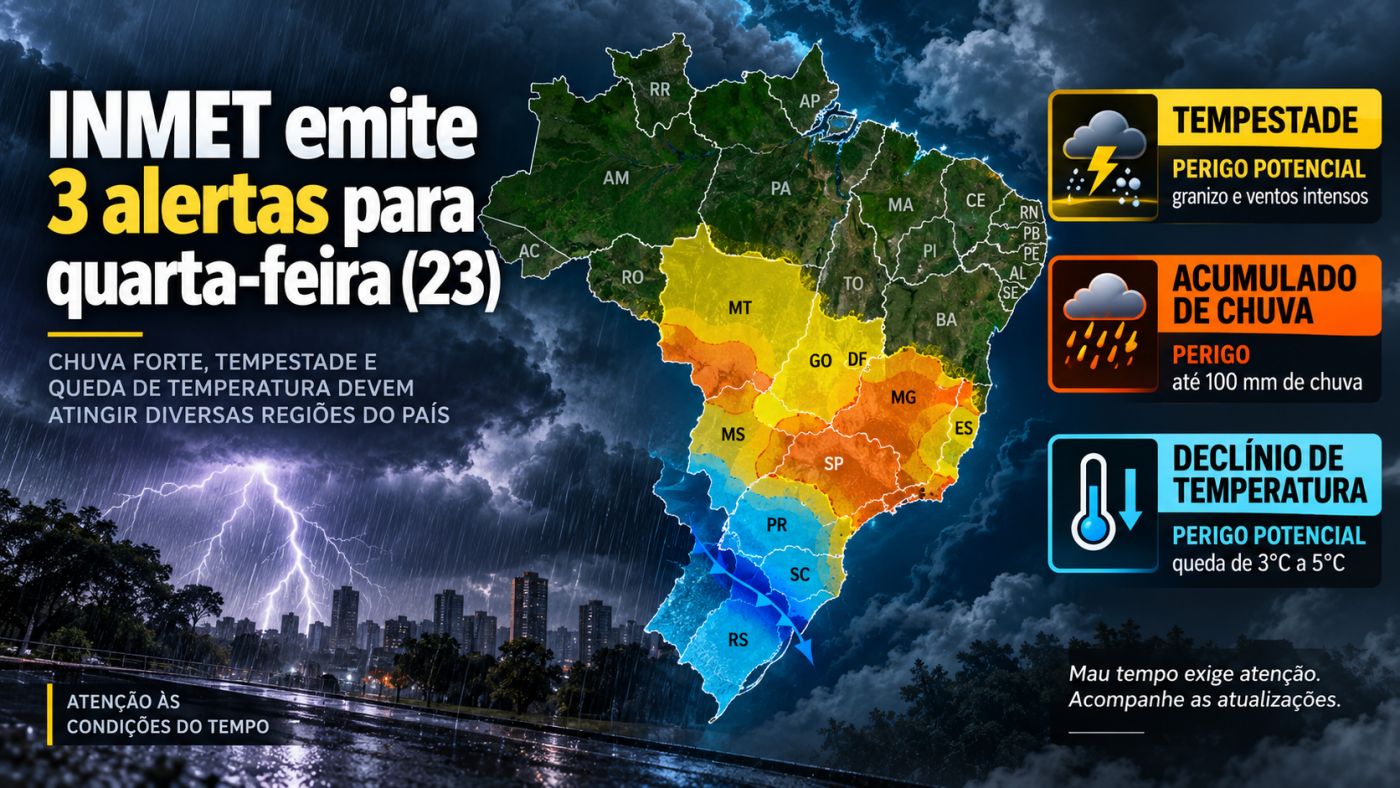 INMET emite alertas para quarta-feira (23) com previsão de tempestades, granizo, chuva de até 100 mm e queda de até 5°C na