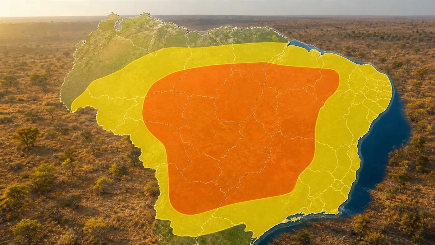 Mapa do Brasil com áreas laranja e amarela sobre paisagem de vegetação seca. Imagem ilustrativa gerada por IA para o ClickFato.