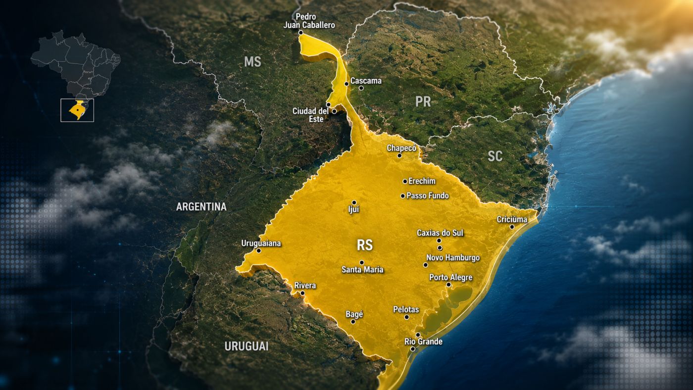 Área amarela do aviso de tempestade válido nesta quarta-feira (19). Cenário meteorológico ilustrativo; mapa: INMET;