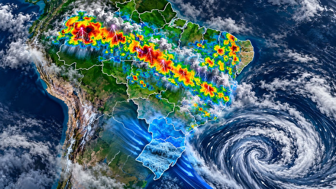 Massa de ar frio derruba as temperaturas no Sul, com risco de geada no Paraná, enquanto uma faixa de chuva intensa se
