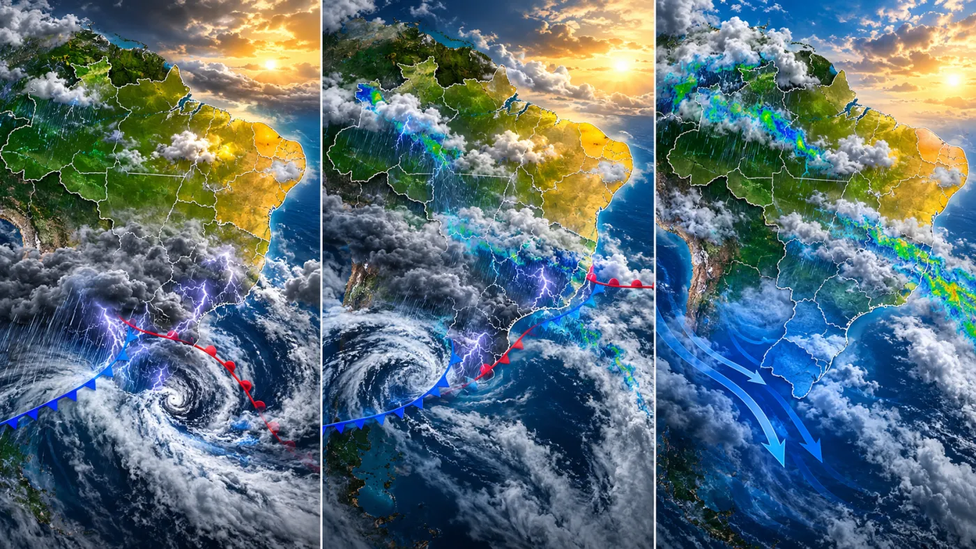 Previsão do INMET indica tempestades e alerta vermelho no Sul neste sábado (24), chuva em várias regiões no domingo (25) e avanço do frio na segunda-feira (26). Imagem: Ilustração/ClickFato.