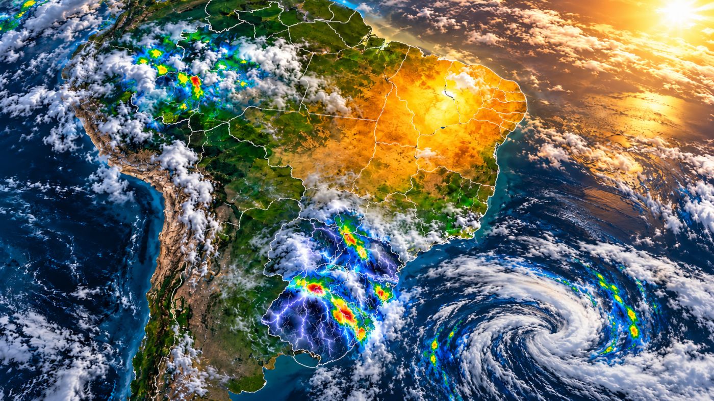 Temporais, chuva intensa e risco de granizo atingem o Sul, enquanto o calor predomina em outras regiões do Brasil. Imagem