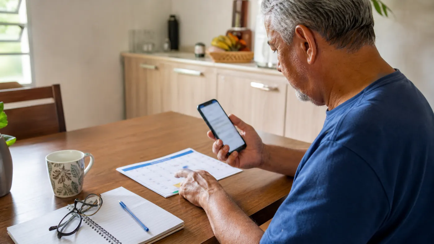 Beneficiário consulta o calendário de pagamentos pelo celular e compara as datas em casa; imagem ilustrativa gerada por IA, sem dados pessoais reais. Foto: IA/ClickFato