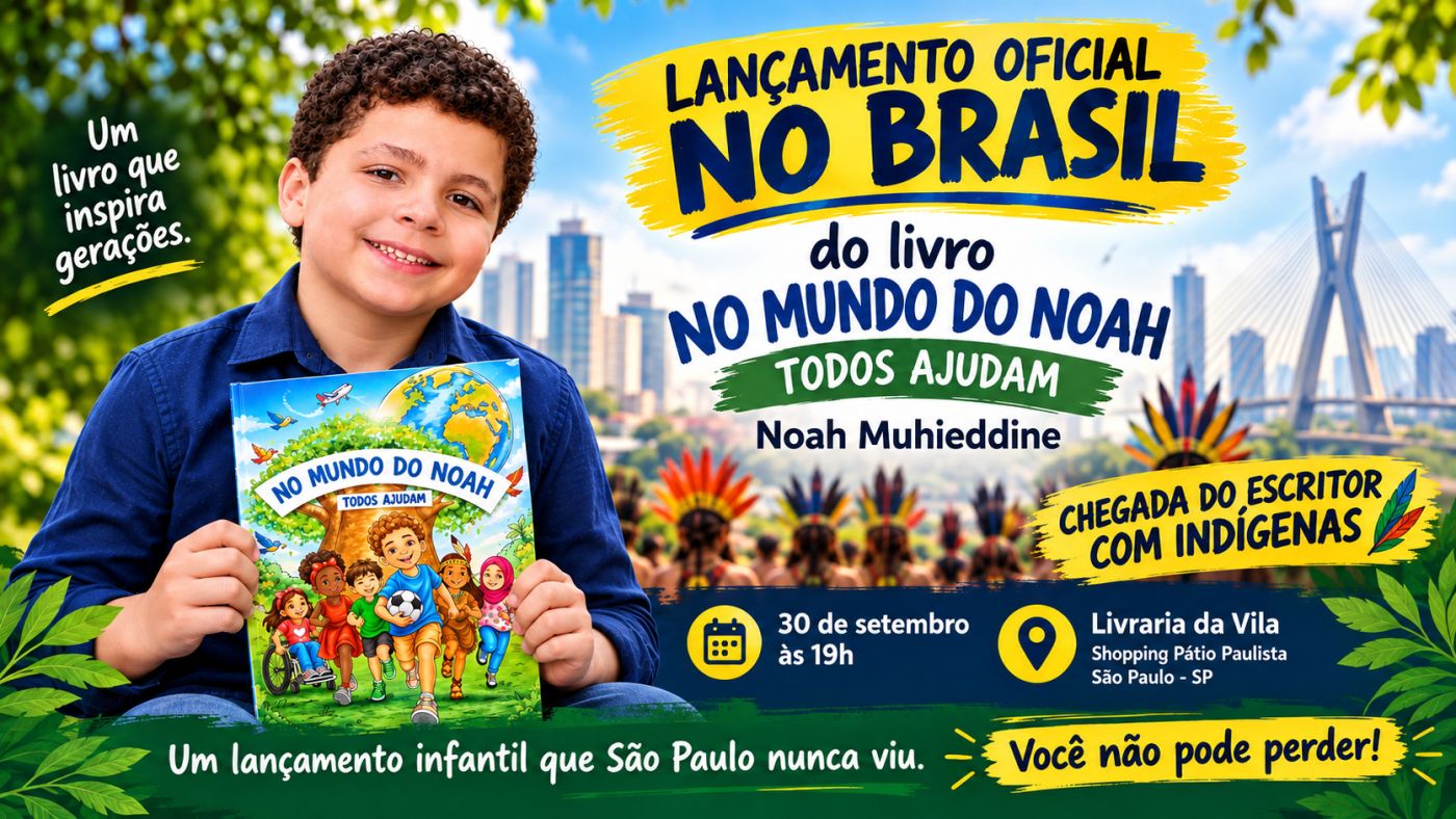 Noah Muhieddine, de 8 anos, durante divulgação do lançamento do livro infantil No Mundo do Noah, Todos Ajudam, realizado em