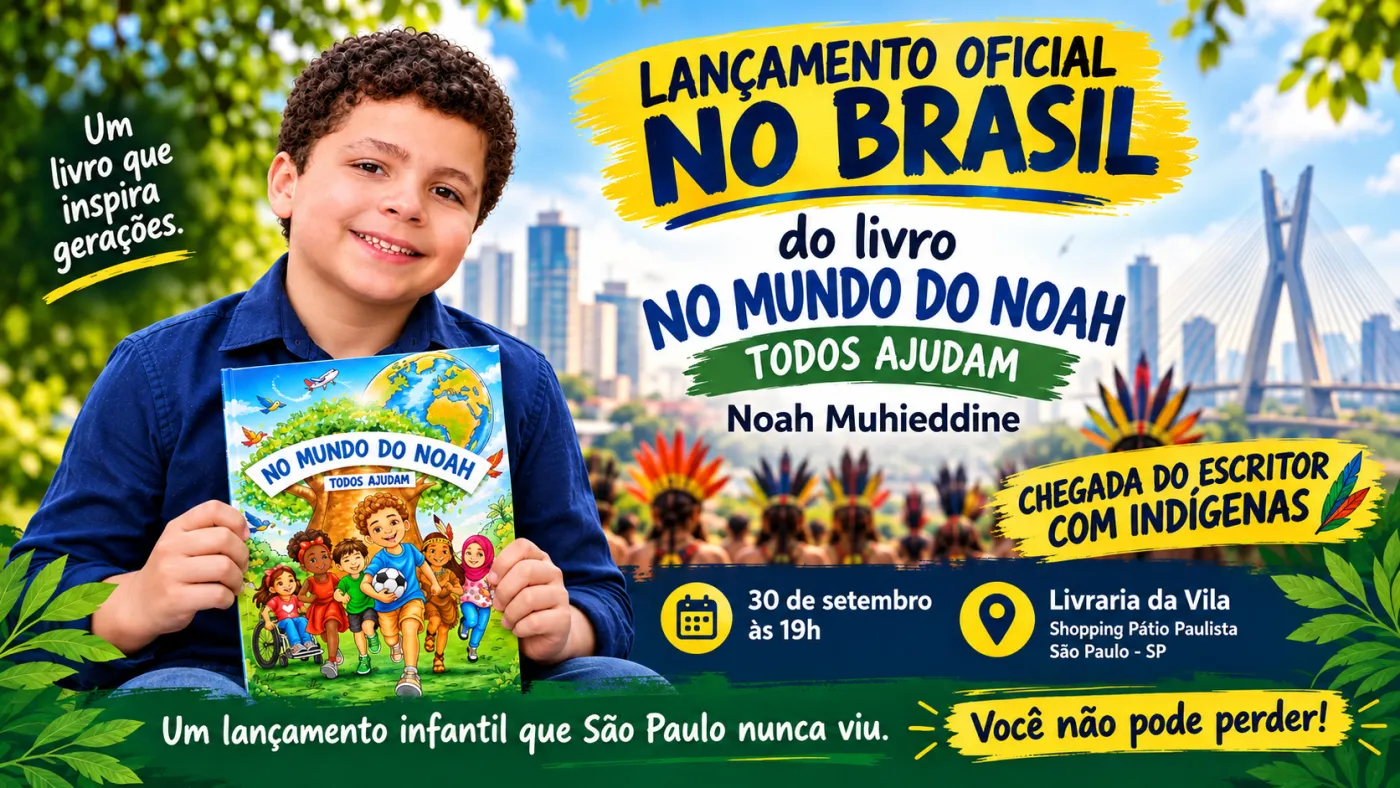 Noah Muhieddine, de 8 anos, durante divulgação do lançamento do livro infantil No Mundo do Noah, Todos Ajudam, realizado em São Paulo. A obra propõe aproximar crianças de diferentes realidades por meio da literatura.