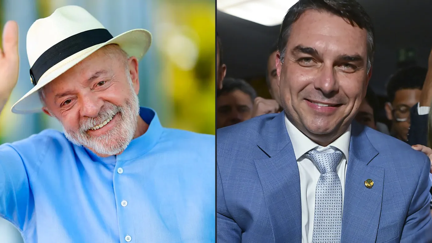 Lula e Flávio Bolsonaro em fotografias de 2026. Fotos: Ricardo Stuckert/PR e Ton Molina/Agência Senado, via Wikimedia Commons, CC BY-SA 4.0; montagem e recortes: ClickFato.