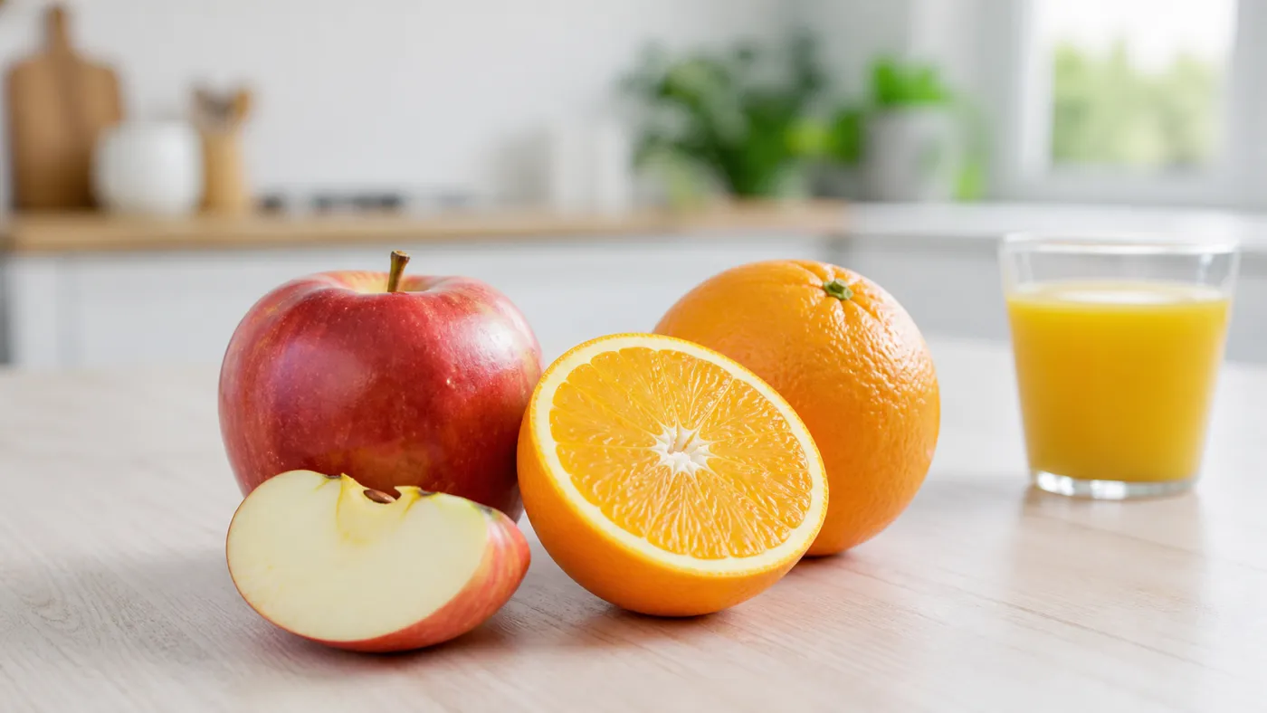 Maçã e laranja inteiras são opções nutritivas; o consumo da fruta completa preserva fibras importantes para o controle da glicemia.