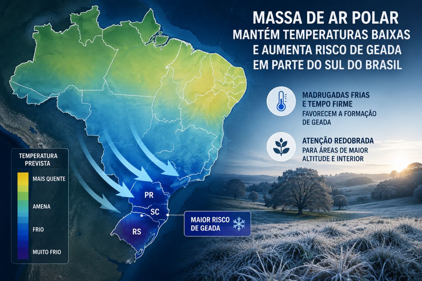 Massa de ar polar mantém temperaturas baixas e aumenta risco de geada em parte do Sul do Brasilm voltar a ser registradas