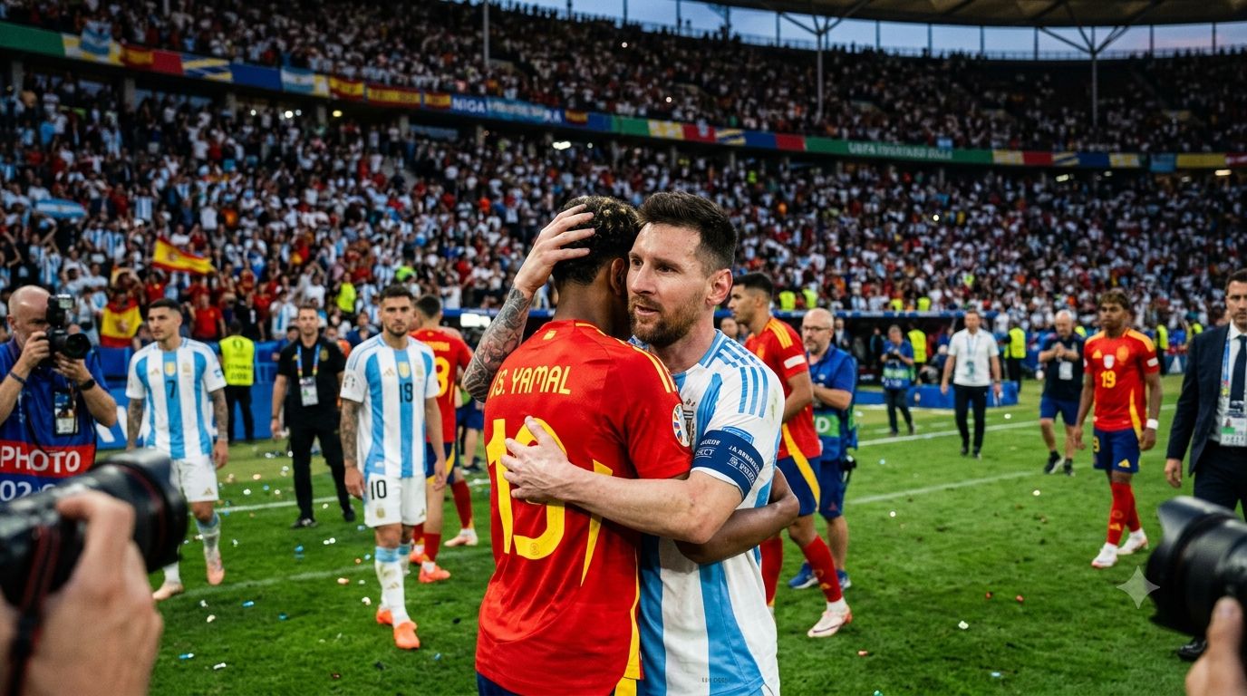 Lionel Messi e Lamine Yamal se abraçam depois da final da Copa do Mundo de 2026, quase duas décadas após o primeiro