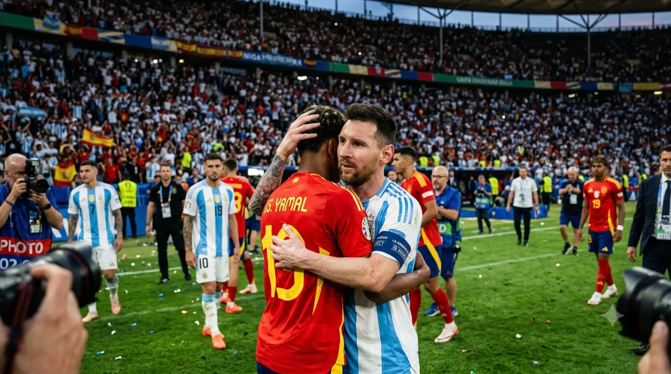 Lionel Messi e Lamine Yamal se abraçam depois da final da Copa do Mundo de 2026, quase duas décadas após o primeiro encontro entre os craques.