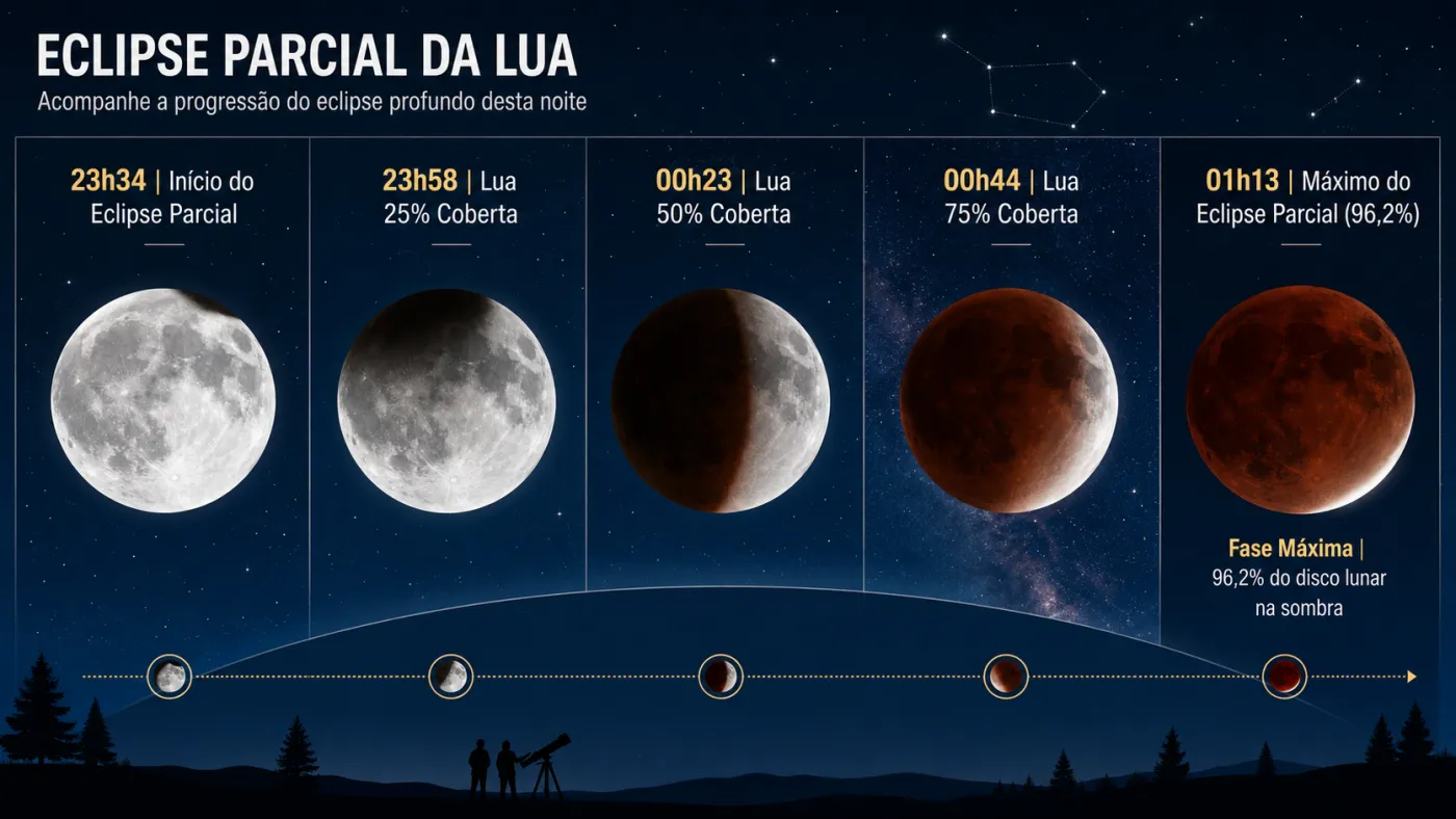 Eclipse lunar parcial de grande magnitude poderá ser visto no Brasil durante a madrugada. Foto: Reprodução/Observatório Nacional.