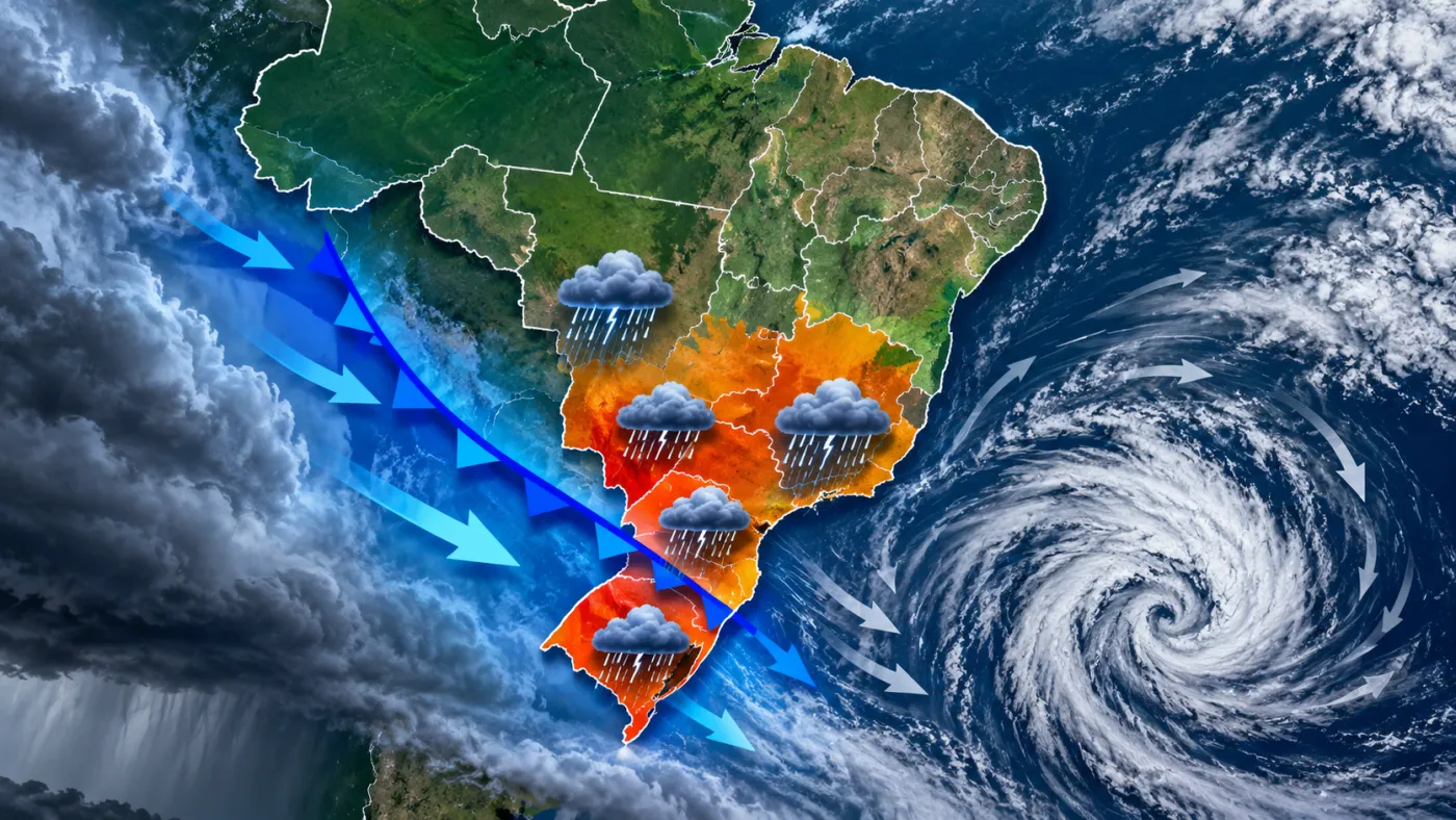 Nova frente fria associada a um ciclone extratropical deve aumentar o risco de temporais no Centro-Sul do Brasil nesta semana.