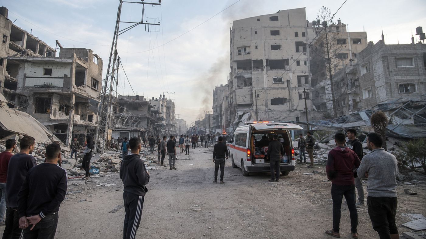 Imagem ilustrativa representa os impactos de ataques recentes na Faixa de Gaza, com prédios danificados, moradores e