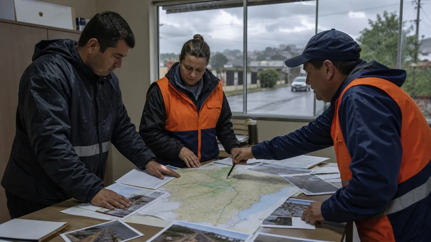 Equipe municipal avalia mapa de danos causados por chuva no Rio Grande do Sul. Imagem ilustrativa gerada por IA para o ClickFato.