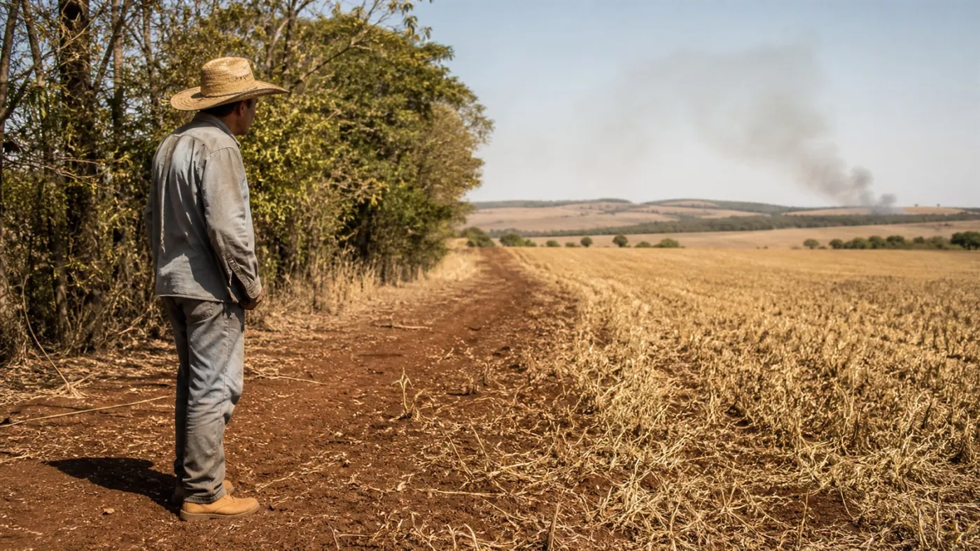 Produtor rural observa aceiro, lavoura seca e fumaça distante durante onda de calor. Imagem ilustrativa gerada por IA para o ClickFato.